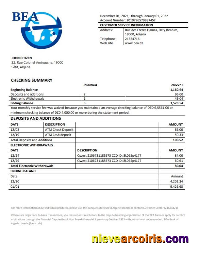 Algeria Banque extérieure d'Algérie bank statement w1
